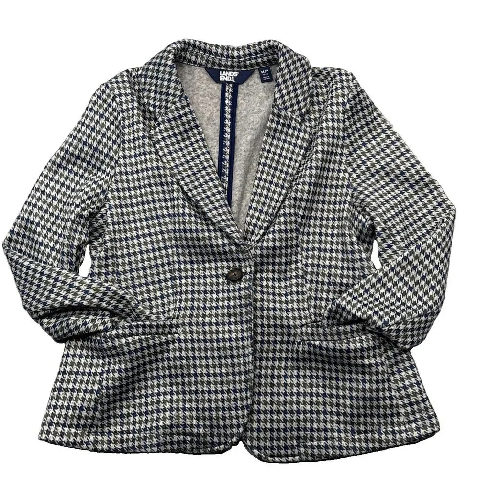 Lands’ End Knit Blazer M Petite Gray Houndstooth Blue Green One Button Career